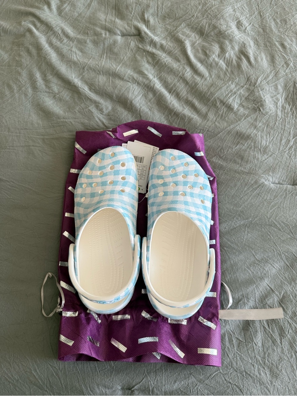 CROCS Women’s Light Blue Gingham Clogs with White Polka Dots